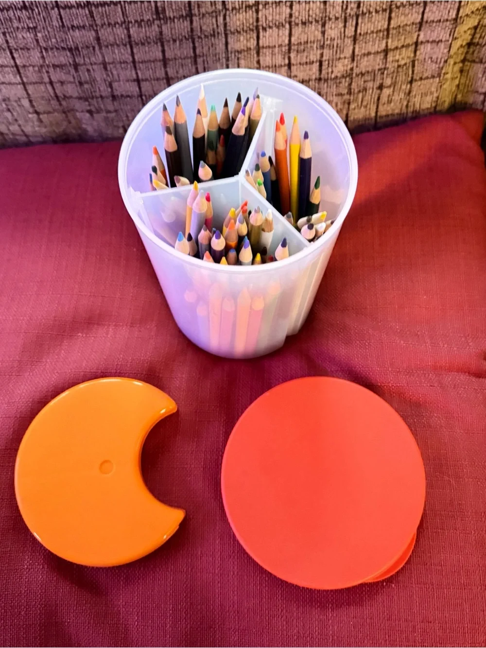 Vintage Tupperware 3-in-1 Divided Canister (Model #5878) with colored pencils